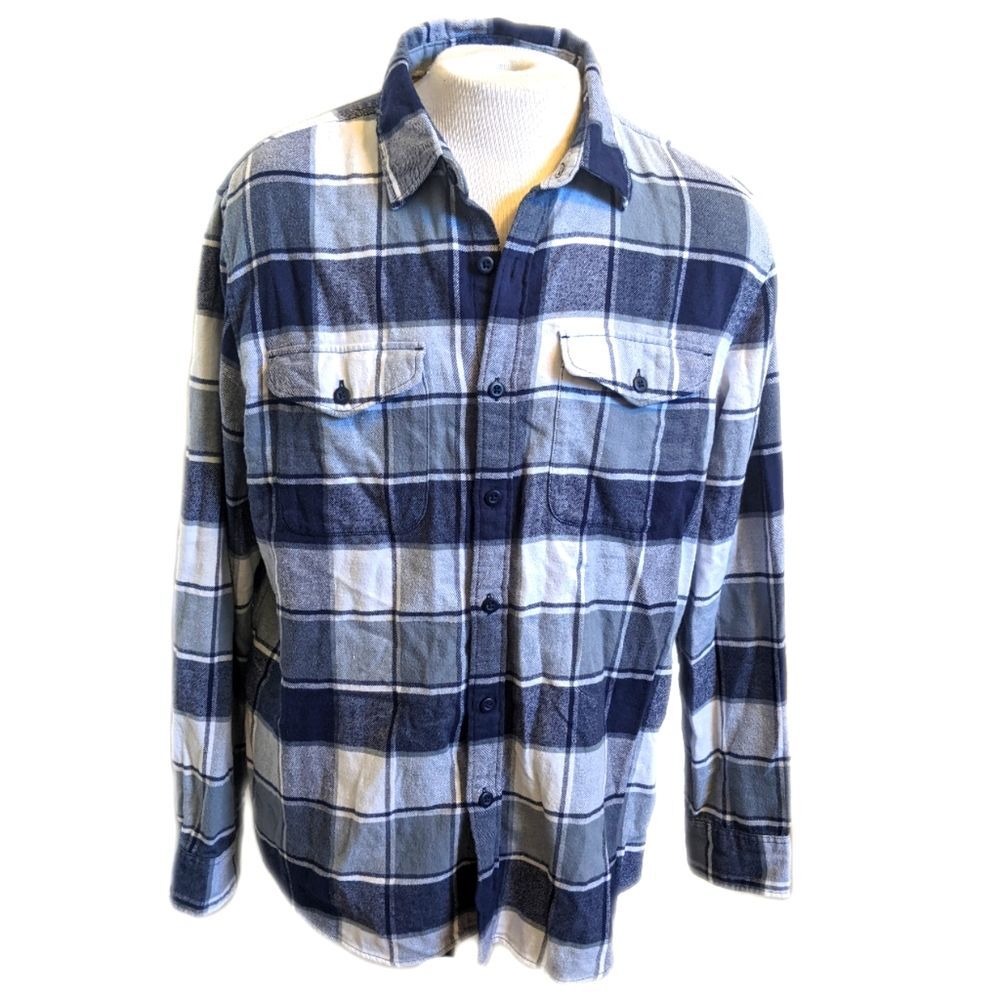 American Eagle men's navy blue & white plaid cotton flannel shirt, button down L